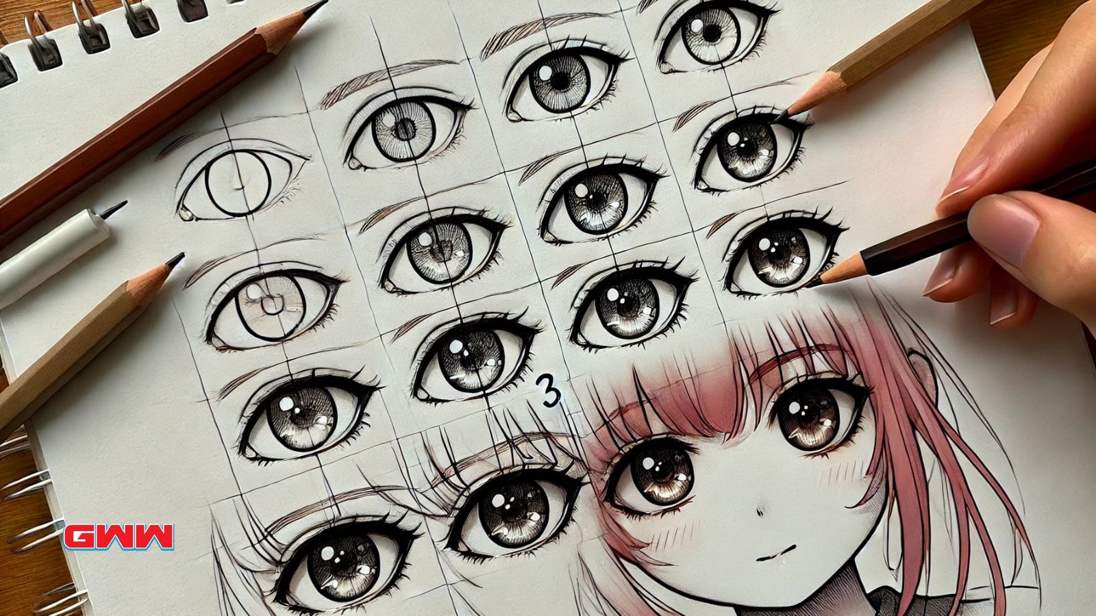 Close-up of anime girl eyes with different shapes and drawing steps