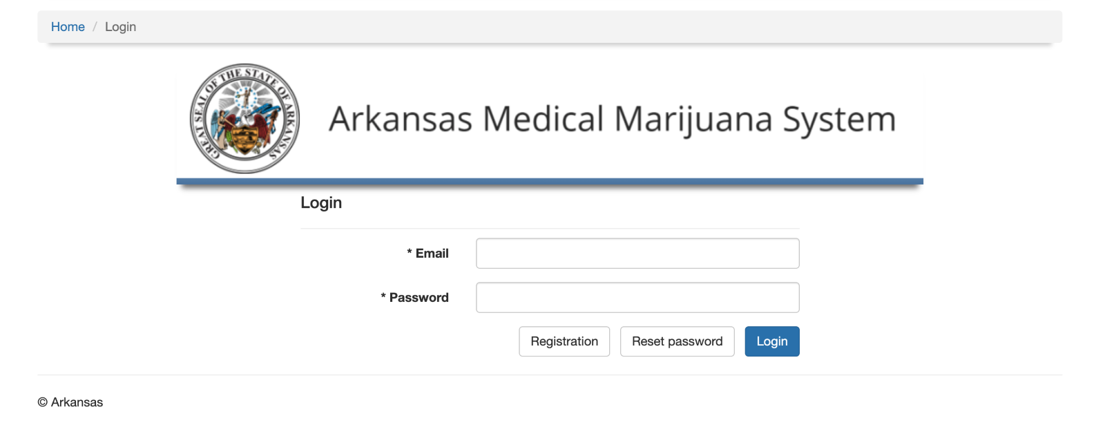 Login page for the Arkansas Medical Marijuana System. The page displays the state seal, system title, and a login form with fields for email and password. There are also options for registration and password reset.