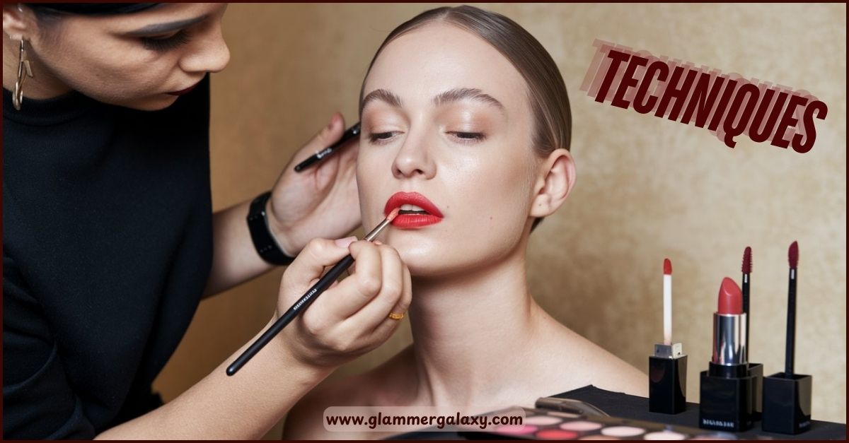 Makeup artist applying red lipstick on model, cosmetics displayed, “Techniques” highlighted.