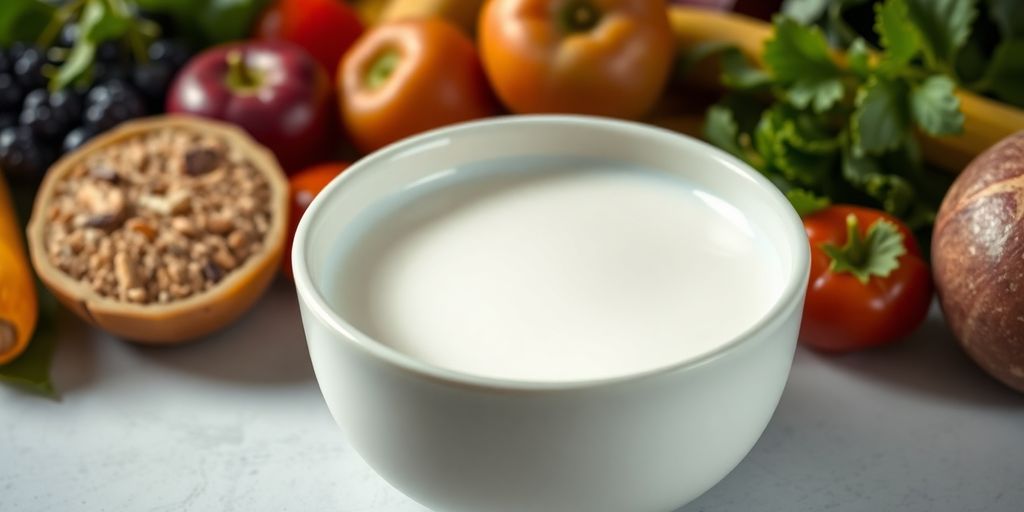 Bowl of goat milk with fresh fruits and vegetables.