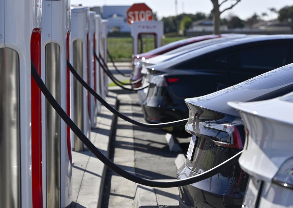 Drivers charge their Teslas in Fountain Valley, California.