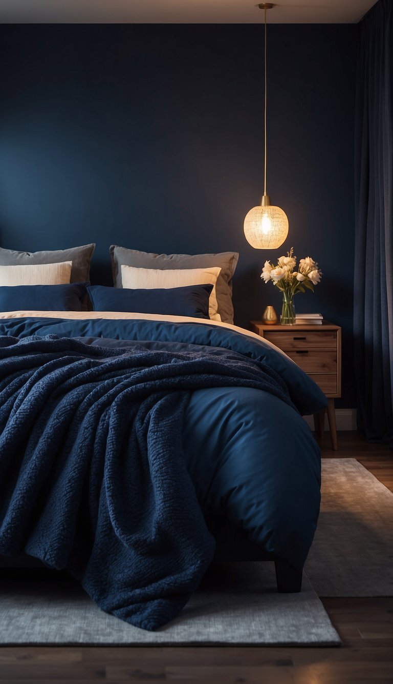 A dark blue bedroom with warm, soft lighting casting a cozy glow on the walls and furniture. Textured fabrics and deep blue accents add depth to the space