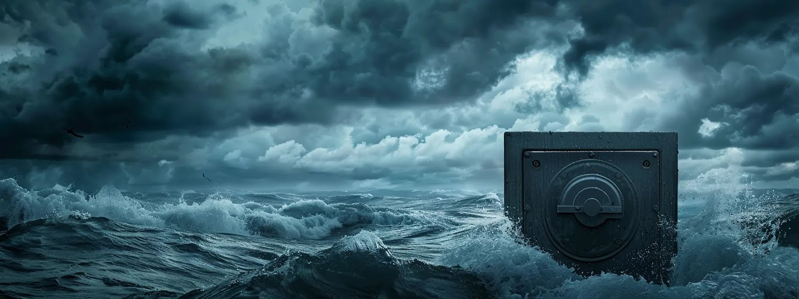 a sturdy, locked safe surrounded by a stormy sea with dark clouds looming overhead, symbolizing the secure protection offered by annuities during turbulent market shifts.