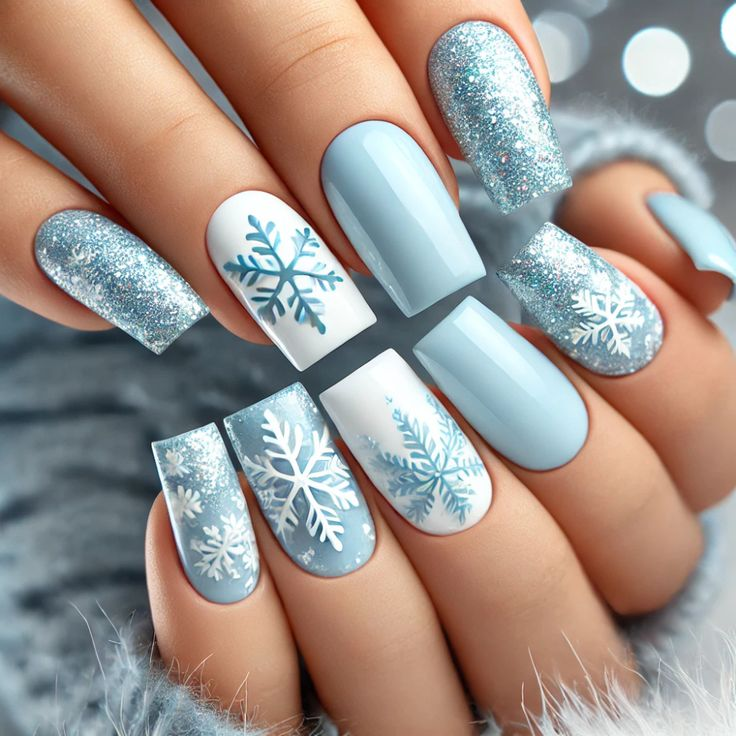 Christmas nails 2025 - Frosted Snowflake Patterns on Baby Blue Base