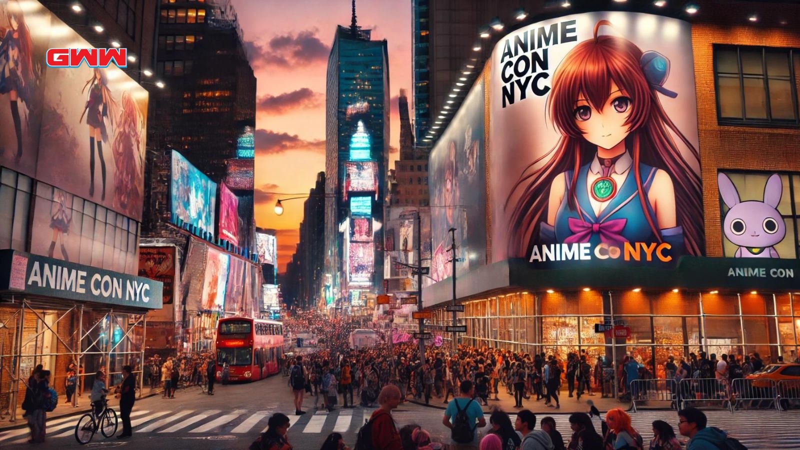 A dusk scene in New York City with an anime convention vibe, suggesting the anticipation of Anime Con NYC.