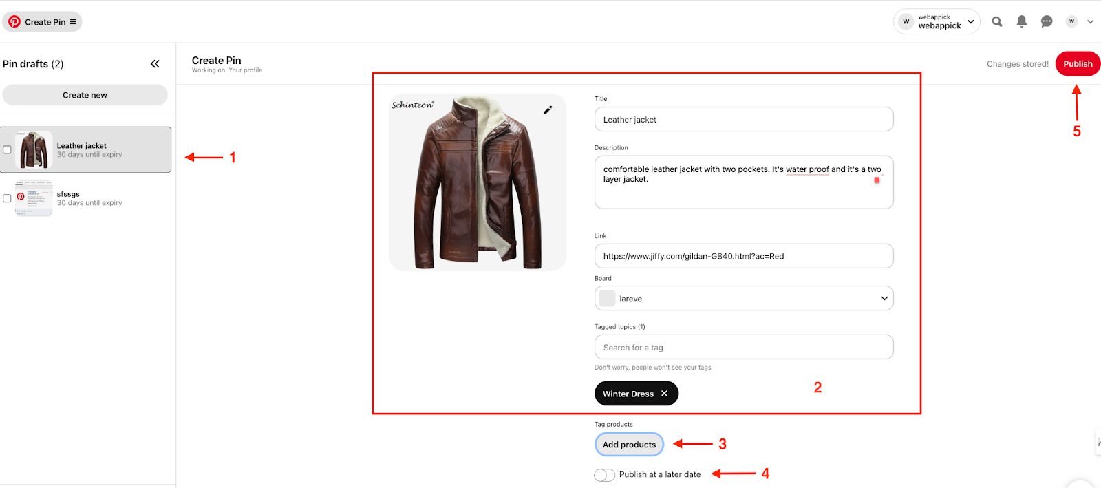 Publish to create the pin for products under a Pinterest catalog
