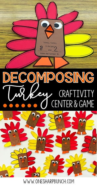 Build number sense with these interactive and thematic Decomposing Turkey activities! Gather the correct number of red and yellow feathers and place them around the turkey craft. Don’t forget to sing the fun chant!