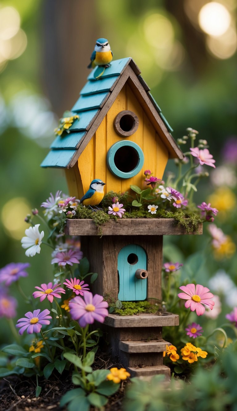 A colorful mini birdhouse surrounded by tiny flowers and whimsical decorations in a lush backyard fairy garden