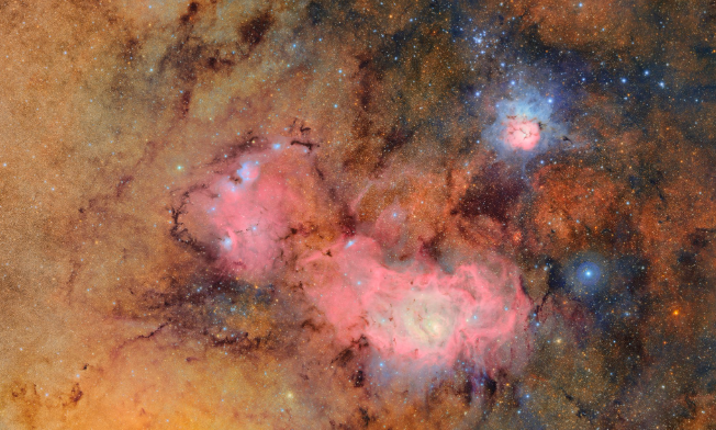 魯賓天文台捕捉到的三裂星雲(Trifid Nebula)與礁湖星雲(Lagoon Nebula)。(圖/翻攝自魯賓天文台官網)