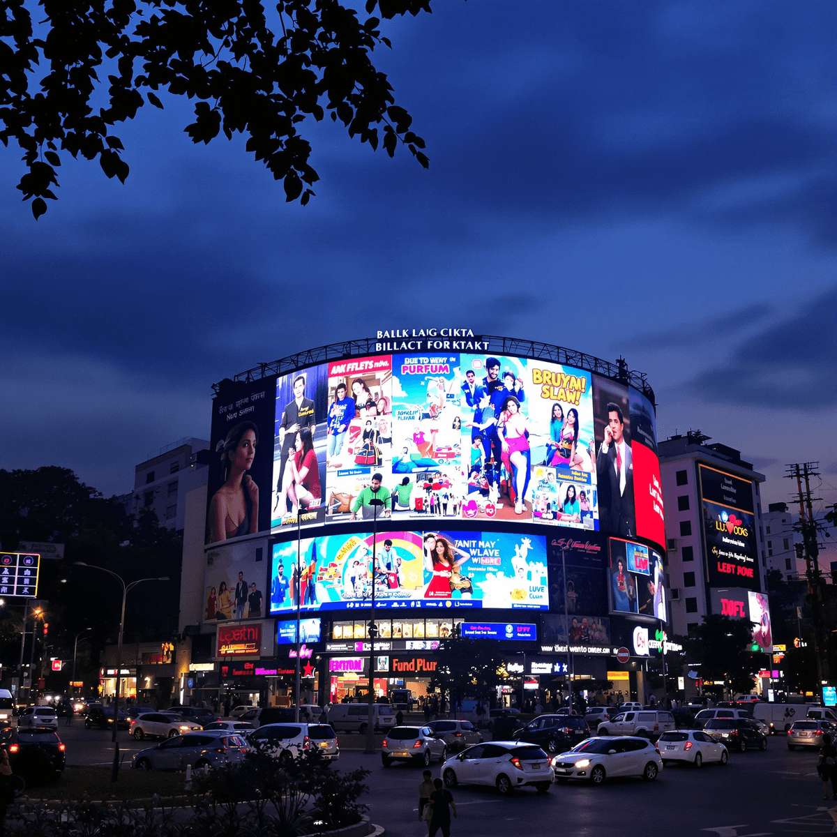 Dusk cityscape of Dhaka with glowing LED billboards, busy streets filled with cars and pedestrians, showcasing vibrant urban life and dynamic advertisements.