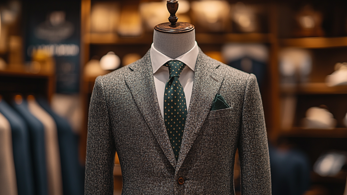 A mannequin dressed in a gray suit jacket with a neatly knotted sage green tie over a crisp white shirt. The look is clean, elegant, and perfect for semi-formal occasions. The accessories include a matching pocket square, brown leather shoes, and a classic wristwatch. The background is a stylish boutique with a neutral-toned interior.