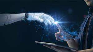 A robotic hand and a human hand are depicted touching fingertips, with a glowing light rising from the point of contact, symbolizing the fusion of AI technology and humanity.