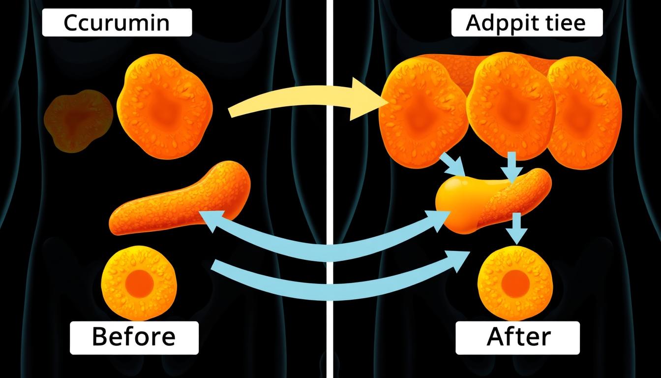 Illustration showing how curcumin affects fat cells and metabolism