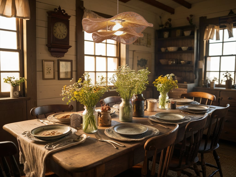 A dining room with pendant lights styled to match different aesthetics, from sleek metal for modern minimalism to wicker and bamboo for rustic, bohemian, or coastal vibes.