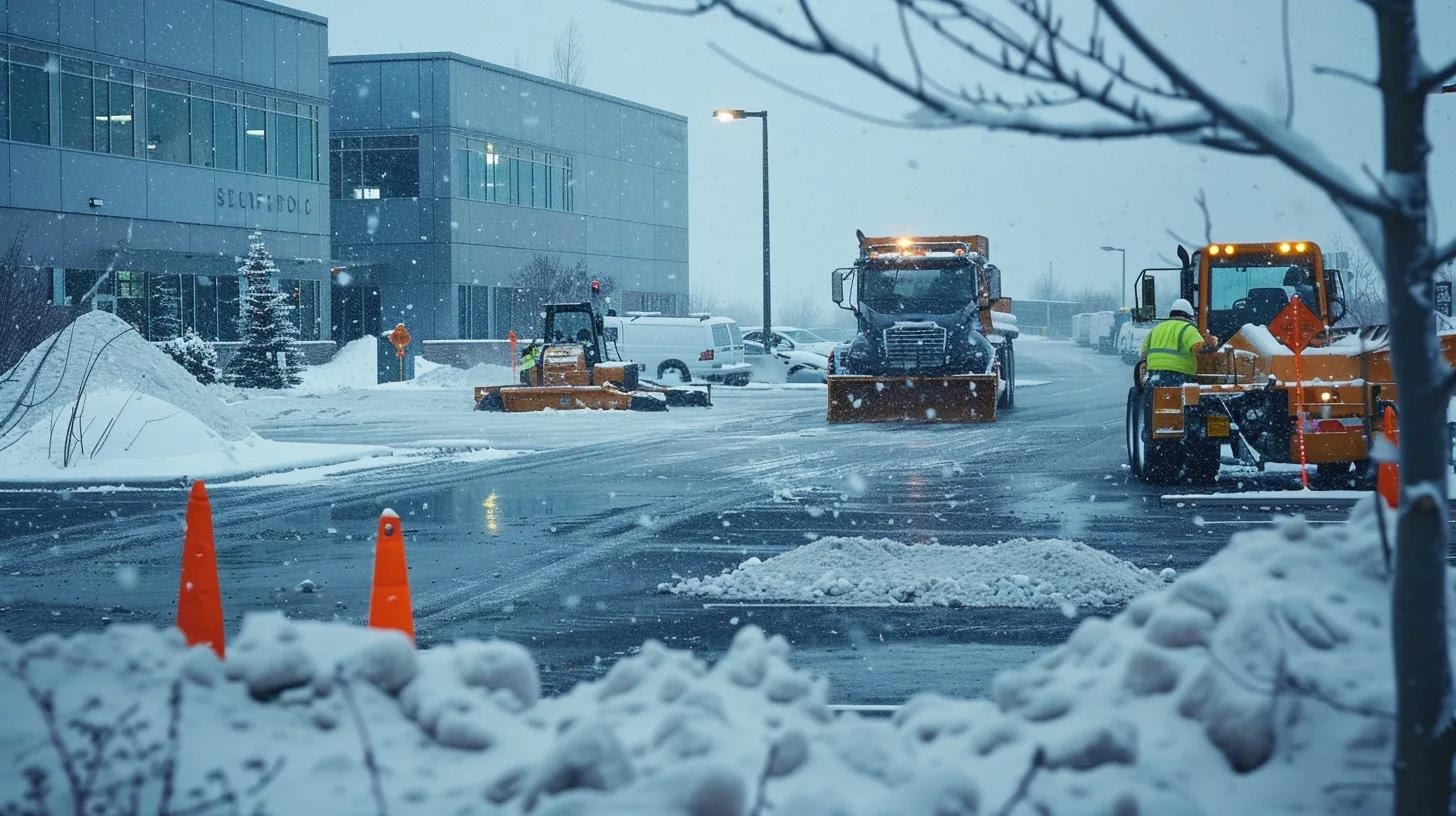 A large commercial property during winter with snow-covered parking lots and sidewalks. Heavy-duty snow removal equipment like snowplows and salt spreaders are actively clearing the area. Workers in high-visibility jackets coordinate near an office building, with safety cones marking cleared paths. The scene is overcast with light snowfall, conveying a professional and organized operation.