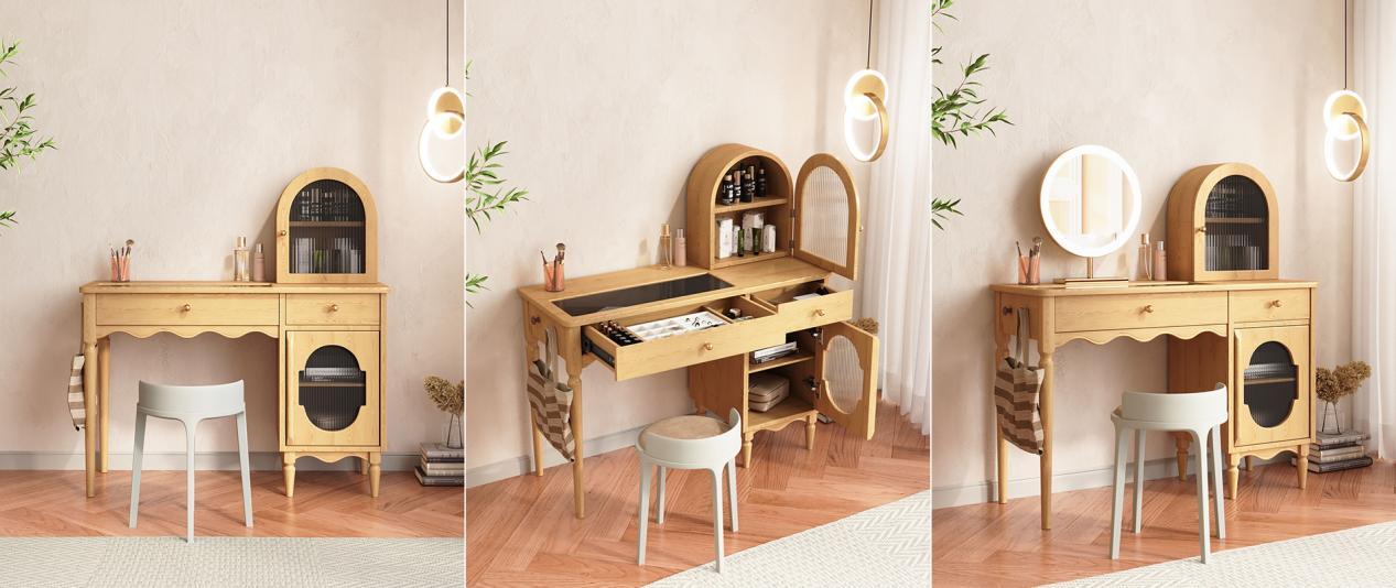 JASIWAY Wooden Makeup Vanity Set with Jewelry Storage & Side Cabinet
