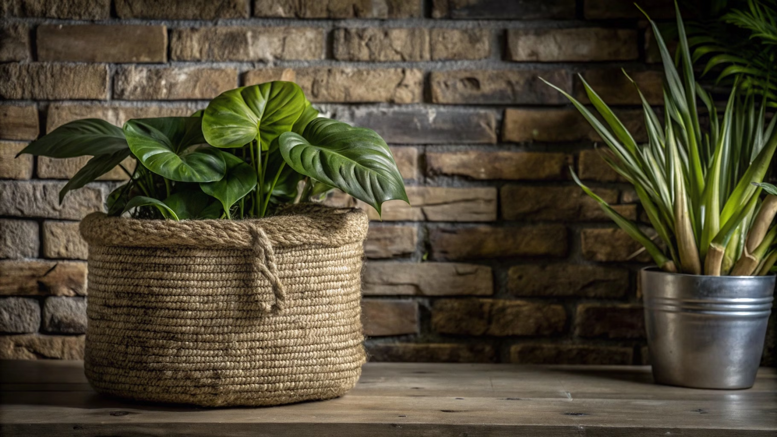 Cesto de juta ao lado de plantas em um ambiente rústico.