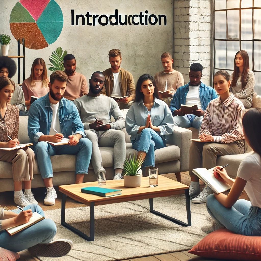 A diverse group of young professionals engaging in self-reflection activities, such as journaling and mindfulness exercises, in a modern, comfortable setting.
