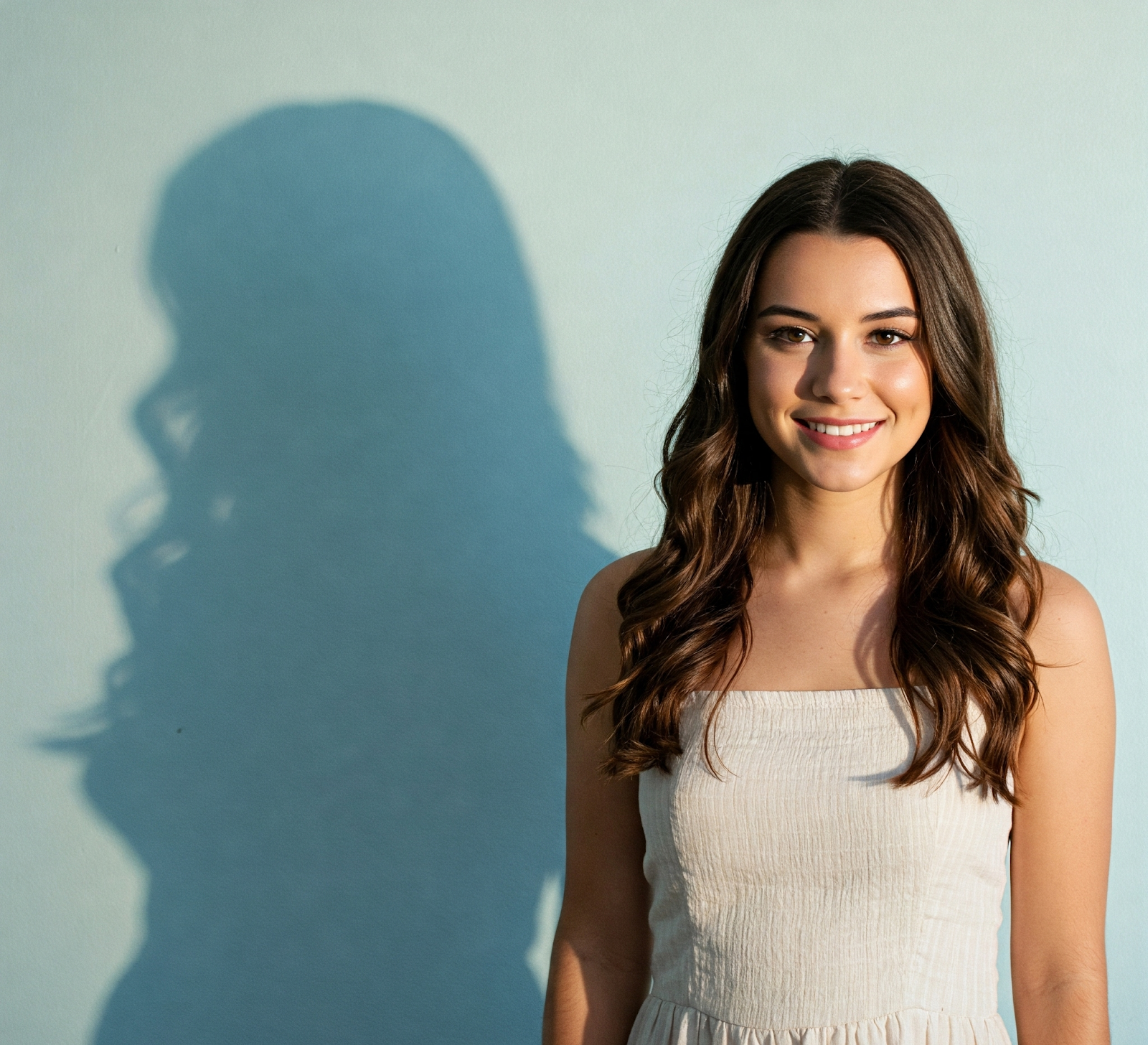 A portrait of a woman with her shadow visible in the background