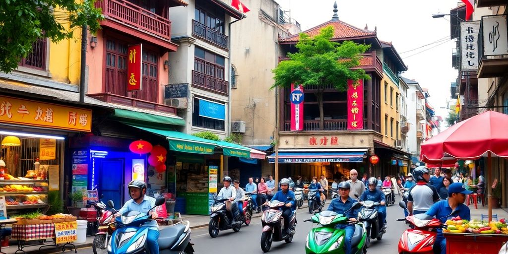 Bustling streets and traditional architecture of Hanoi.