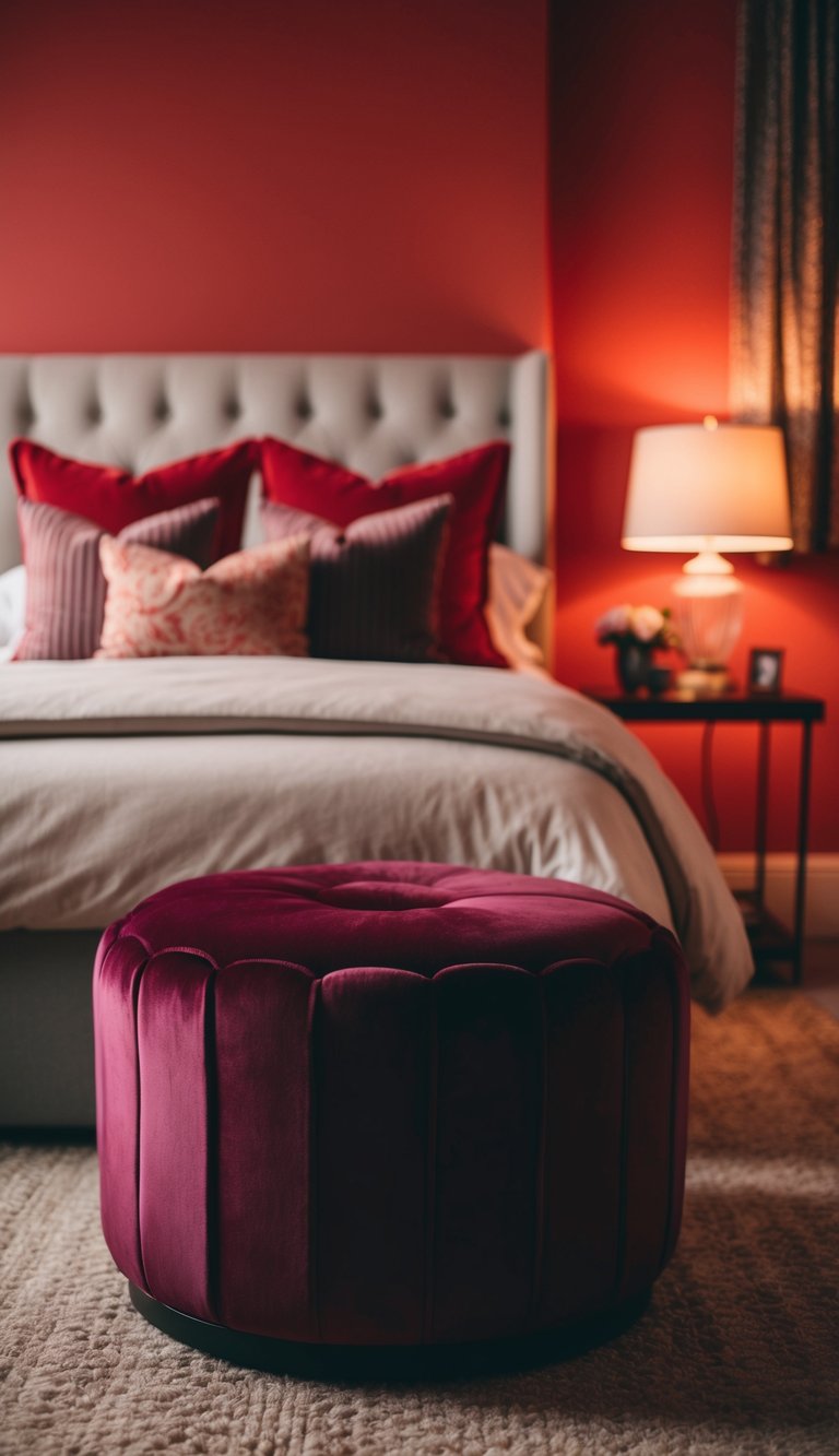 A cozy red bedroom with a plush plum ottoman as the focal point. Rich, warm tones and soft textures create a luxurious and inviting atmosphere