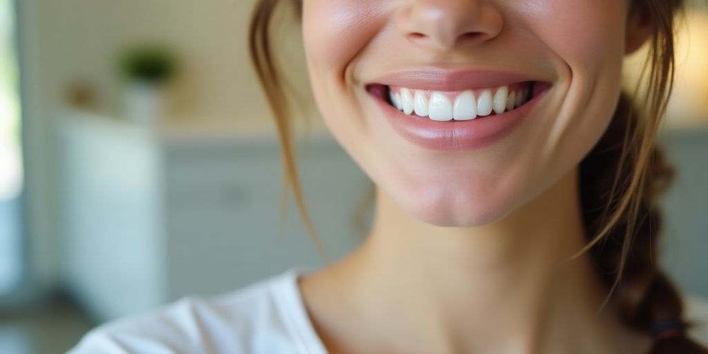 Smiling person with beautiful veneers in a dental office.