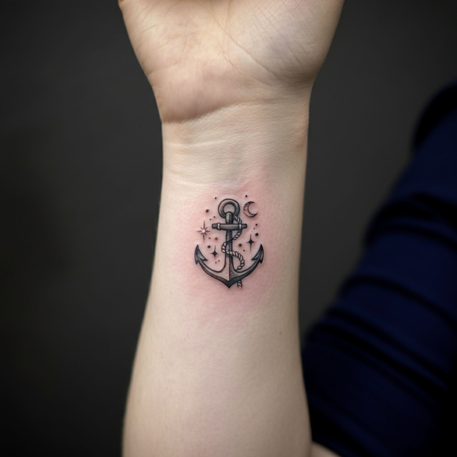 Anchor with a Moon and Stars Tattoo