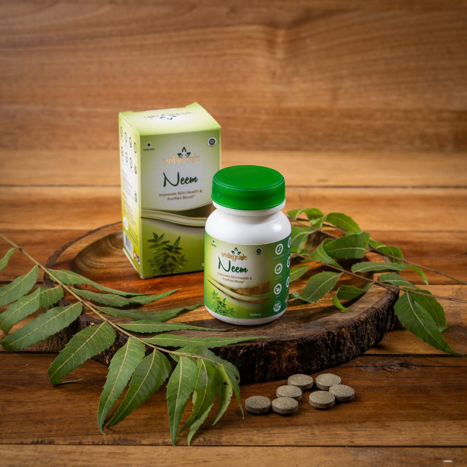 Buy Ayurvedic Neem Tablets for Immunity and Skin Health - Image of VIDAYUSH NEEM TABLETS