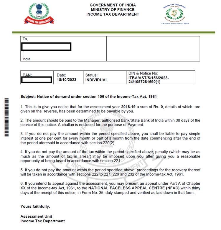 Government of India Income Tax Department notices under Section 156 and Section 143(2) of the Income-tax Act, 1961. The first notice details a demand for the assessment year 2018-19 with instructions for payment or appeal. The second notice pertains to scrutiny proceedings for the assessment year 2022-23, requesting additional documentation via the e-Proceedings portal.