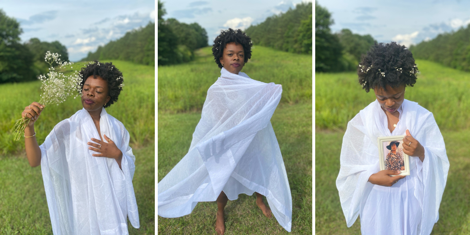 Images: Three photos of Jasmine Barnes standing in an open field in Sanford, Mississippi in June 2021. She is wrapped in a white dress and shawl and has flowers in her hair. In the final photo, she holds a framed photo of her grandmother. Photos by Zeni Demissie.