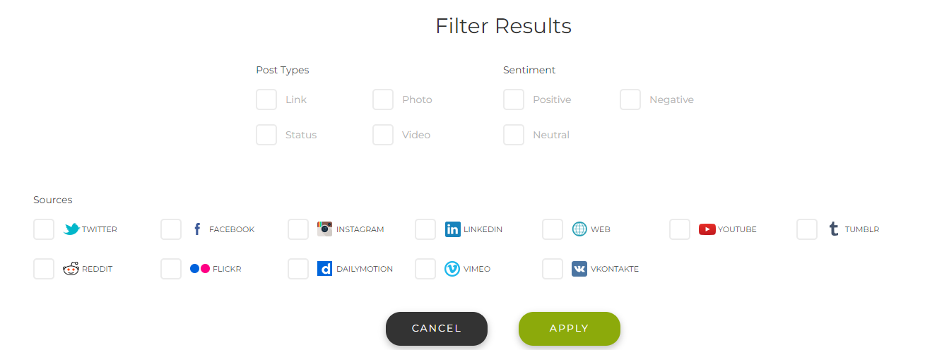 Filtros do Social Searcher