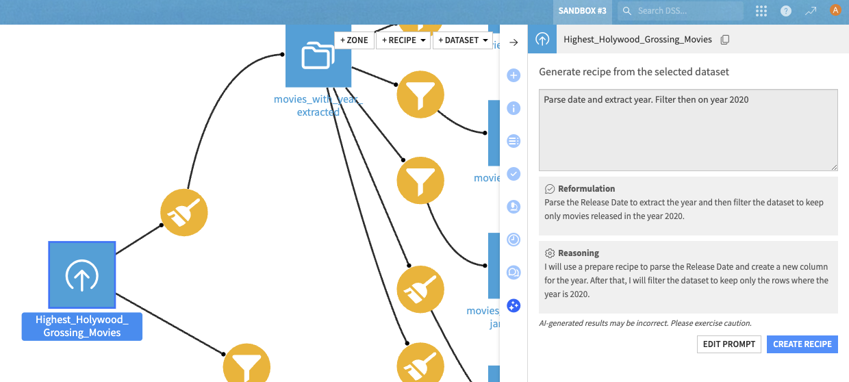 Ask for some date help and Dataiku generates a prepare recipe!