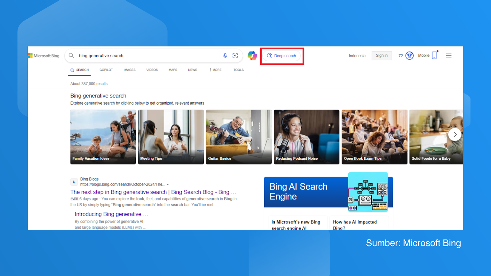 Gambar 1: Tangkapan layar Bing genereative search dan fitur Deep Search di wilayah Indonesia.
