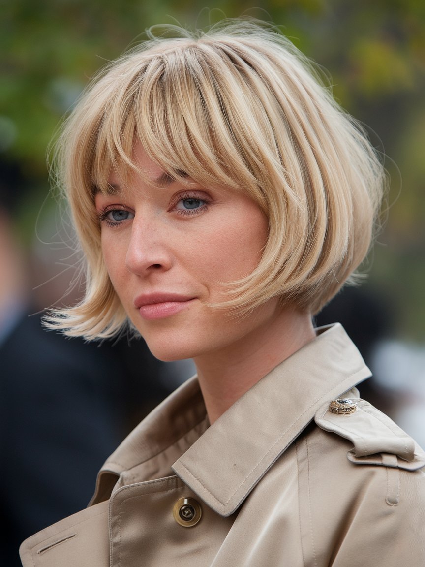 29. Short Feathered Blonde Bob with Bangs