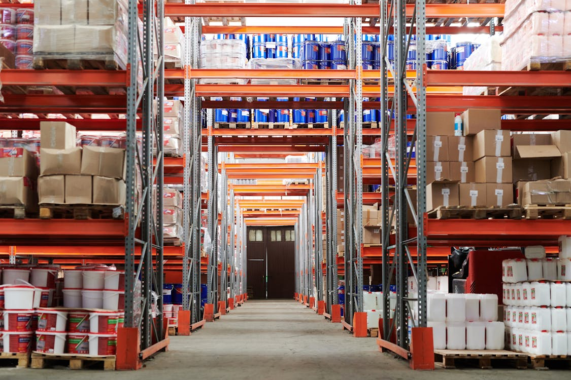 A close-up of a warehouse inventory management system