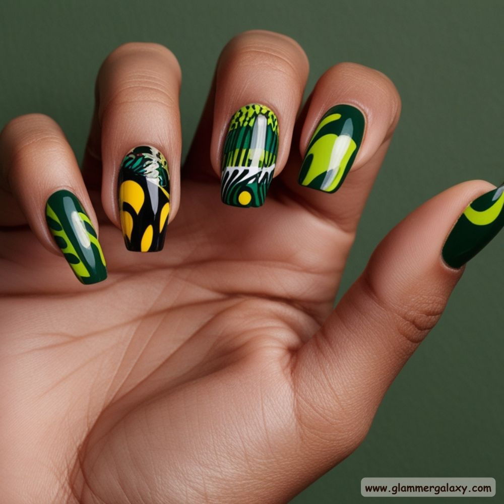 Winter and Fall Dark Green Nails having Playful Patterns
