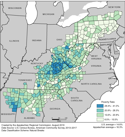 This map shows the poverty rate in each of the ARC counties. Appalachian poverty rates range from 6.5% to 41.0%. The Appalachian average is 16.3%. The U.S. average is 14.6%. For a list of county data by state, see the downloadable Excel file.