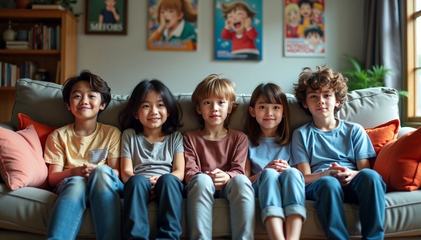 A group of teenagers watching anime in a cozy living room. A group of teenagers watching anime in a cozy living room.