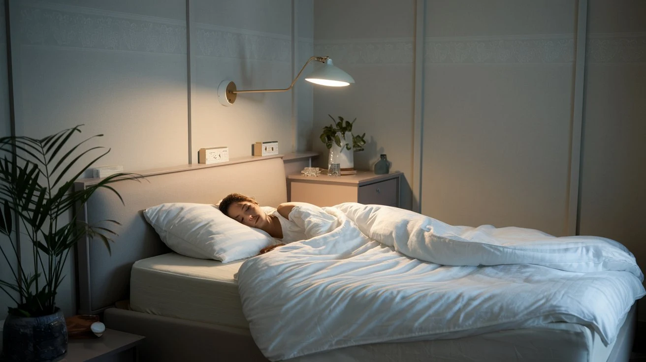 An individual enjoying a restful sleep in a serene bedroom environment.