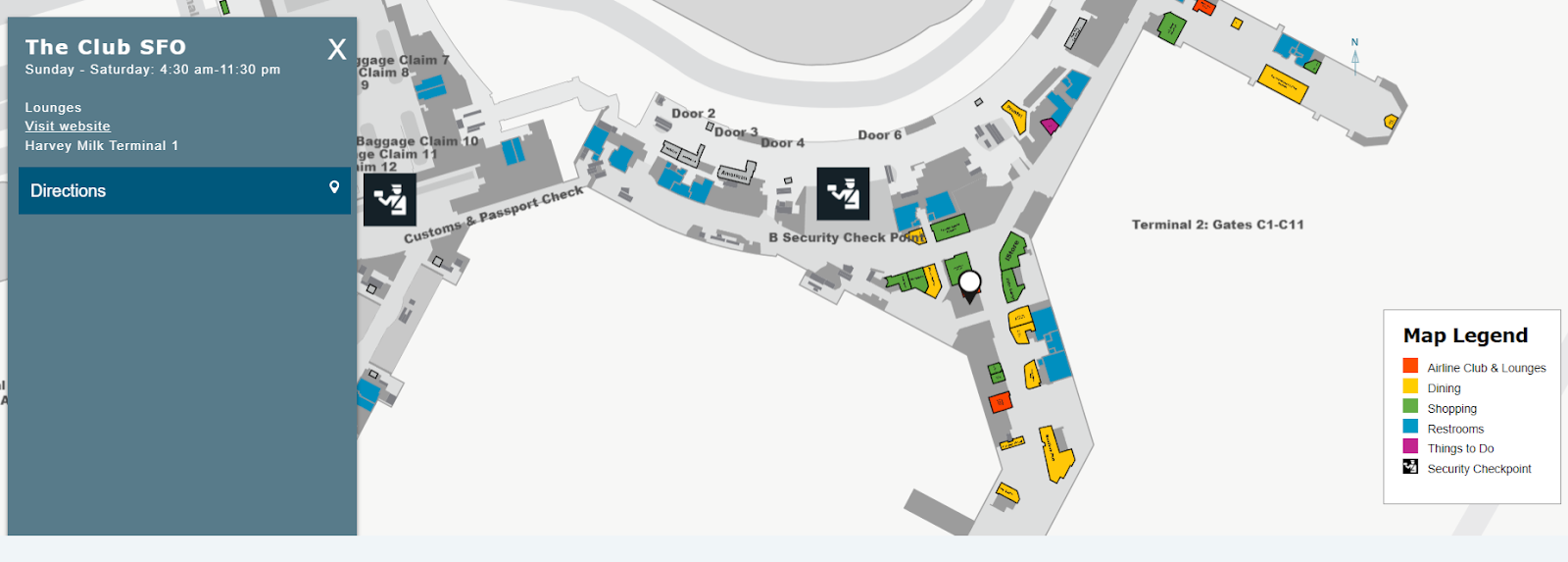 The Club Lounge on the map of SFO airport