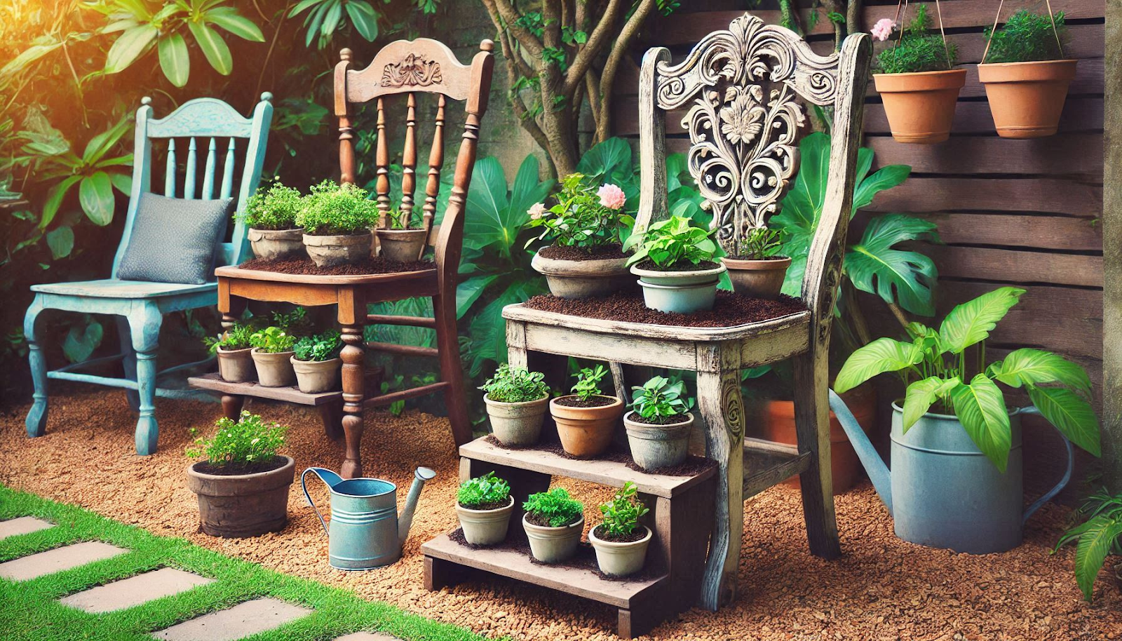 Worn-Out Chairs into Charming Planter Stands for a Unique Garden Touch