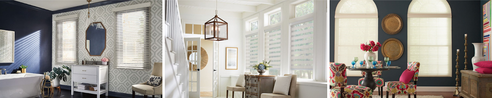 three home interior photos with different styles of window shades