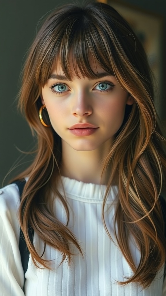 A young woman with long bangs and soft layers, showcasing a stylish haircut ideal for spring and summer.