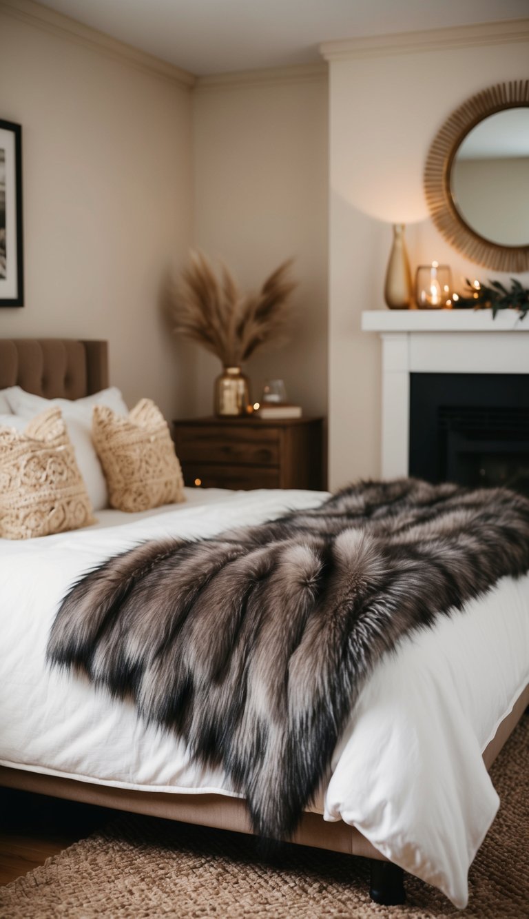 A cozy bedroom with a faux fur throw draped over a bed, soft lighting, and warm, inviting decor