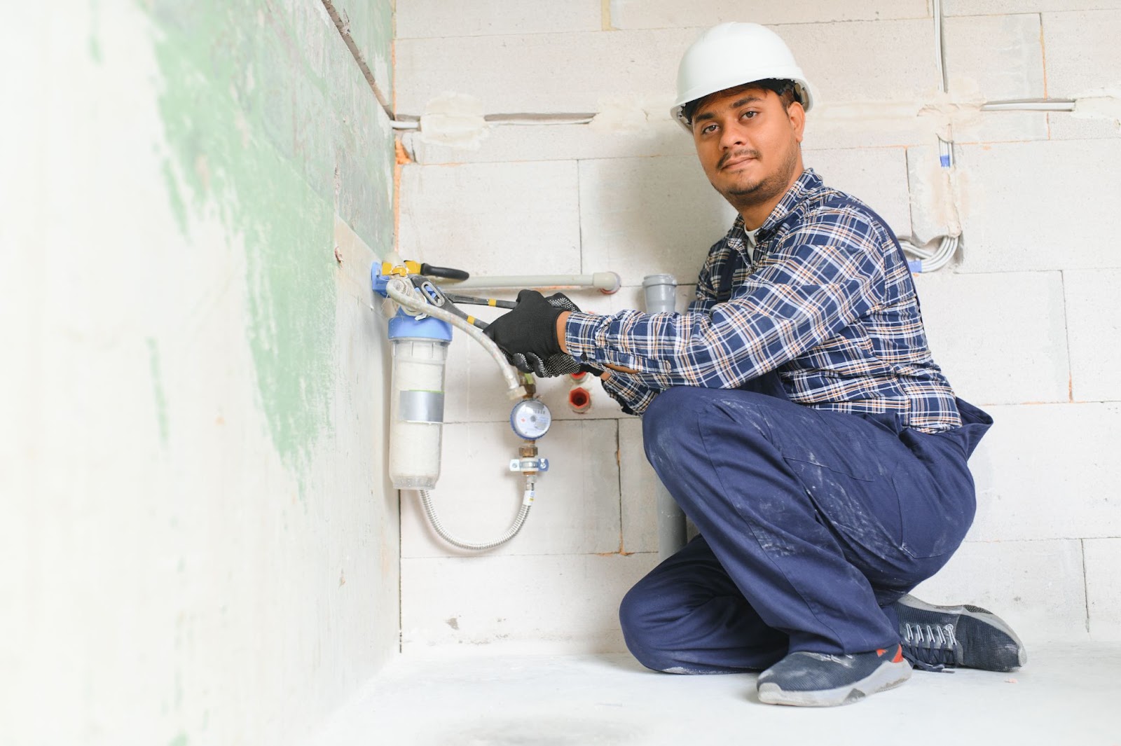 An Indian plumber is installing water equipment, including a meter, filter, and pressure reducer, on the wall. 