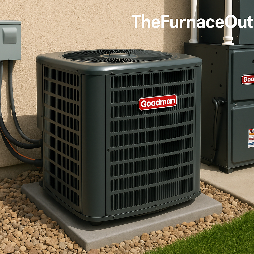 A Goodman 3-ton air conditioner and matching gas furnace installed outside a residential home, featured on The Furnace Outlet