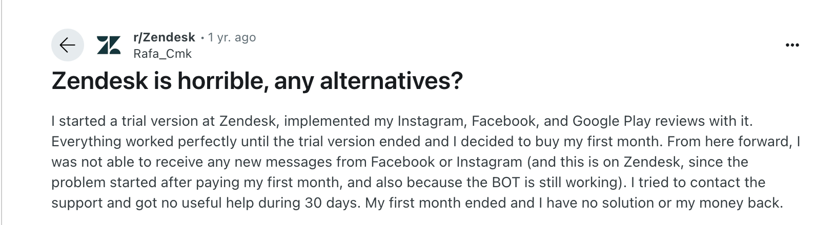 User complaint about Zendesk on Reddit