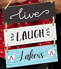 image of a wooden sign that says Live, Laugh, Lakers