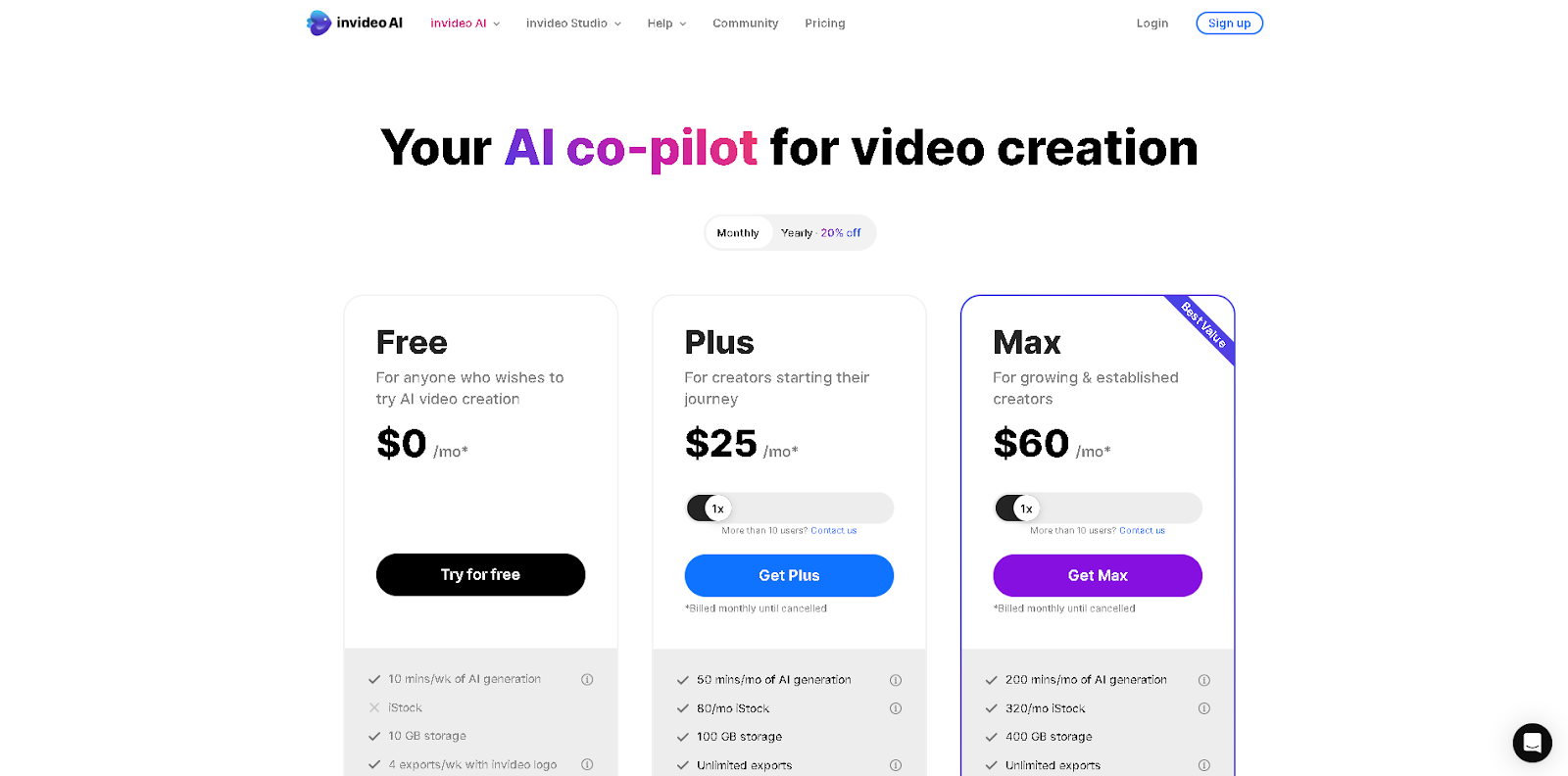 invideo video ad maker pricing