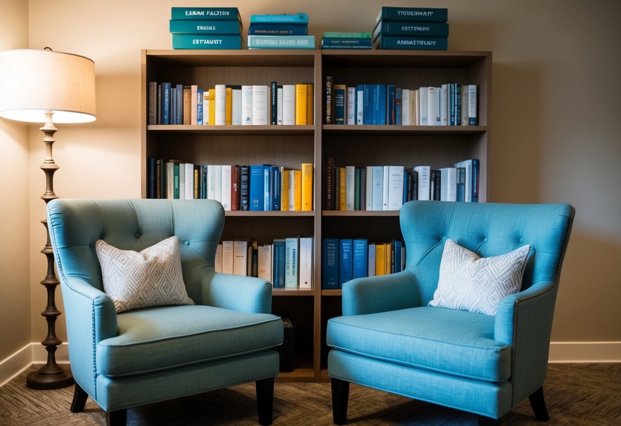 A cozy office with two armchairs facing each other, soft lighting, and a bookshelf filled with resources on trauma therapy